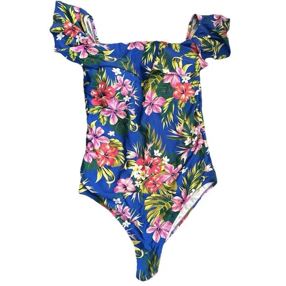 Kona Sol One Piece Swimsuit Women Plus Size 20W Off Shoulder Blue Floral Ruffle - Picture 1 of 7